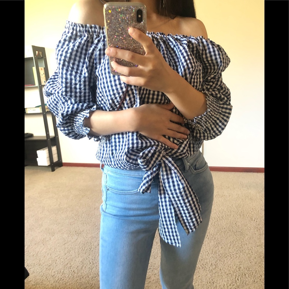 Sanctuary blue gingham off shoulder top size S